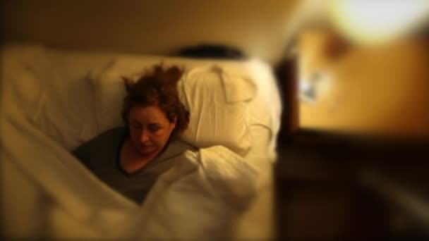 Older Woman Lies Bed Picks Cellphone Device Sleep — Vídeos de Stock