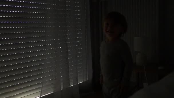 Opening Automatic Blinds Little Toddler Child Watching Shades Morning — Wideo stockowe