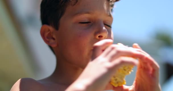 Menino Jovem Criança Comer Espiga Milho Fora Durante Férias Verão — Vídeo de Stock