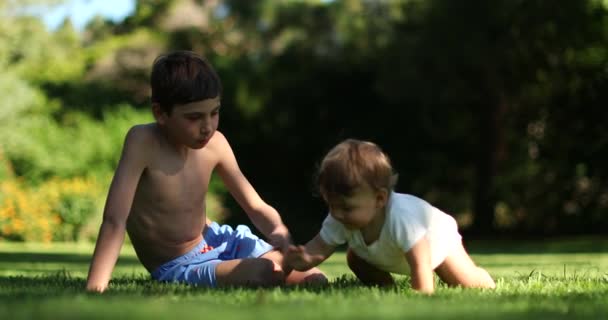 Dzieci Zewnątrz Naturze Starszy Brat Opiekuje Się Młodszym Rodzeństwem Maluch — Wideo stockowe