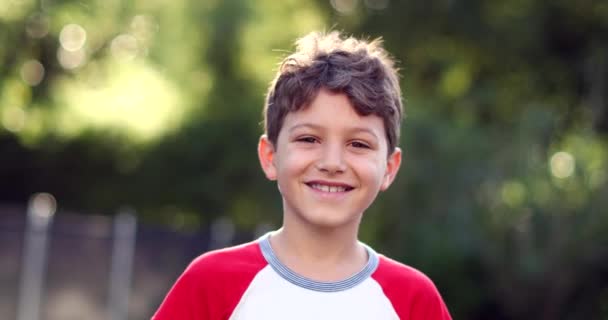 Portrait Enfant Heureux Souriant Caméra Beau Jeune Garçon Extérieur — Video