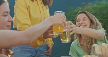 Bir grup arkadaş kadeh kaldırmayı içkiyle kutluyorlar. Çeşitli insanlar barbekü partisinde kadeh kaldırır.