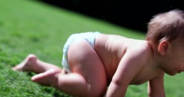Cute baby crawling outside in nature. Infant toddler crawls on grass