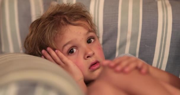 Child Watching Movie Lying Sofa Night Scared Little Boy Watches — стоковое видео