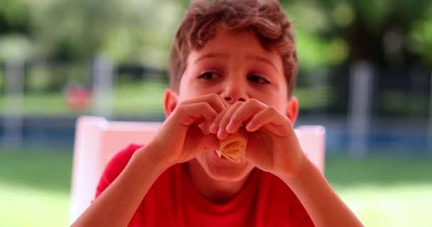 Child Eating Pancake Morning Handsome Young Boy Eating Breakfast — Vídeo de stock