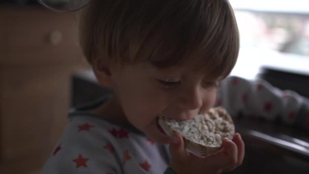 Toddler Baby Eating Rice Biscuit Cookie Slow Motion — Vídeo de Stock
