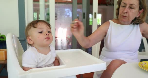 Nonna Alimentazione Adorabile Bambino Carino Sul Seggiolone — Video Stock