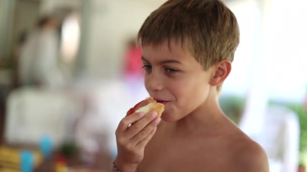 Beau Jeune Garçon Manger Hot Dog Snack — Video