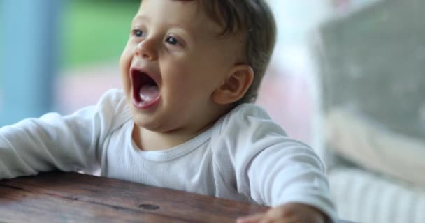 Happy Adorable Baby Holding Table Joyful Cute Toddler Infant Standing — Video Stock