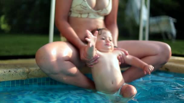 One Year Old Baby Infant Toddler Boy Swimming Pool Outdoors — Vídeo de Stock