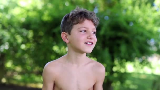 Handsome Child Outdoor Garden Shirtless Young Boy Standing Bashful — Stock Video