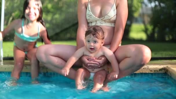 Mother Holding Infant Baby Boy Swimming Pool Outdoors Toddler One — Vídeo de Stock