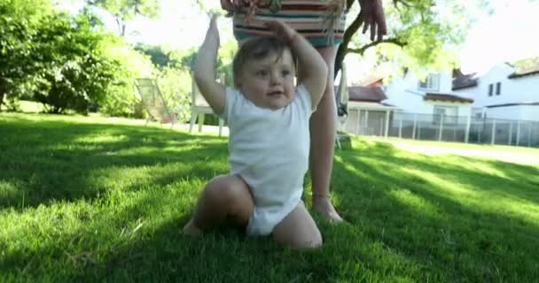 Happy Baby Toddler Clapping Hands Outdoor Home Garden Joyful Infant — стоковое видео