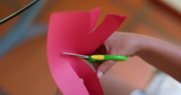 Child Hands Closeup Cutting Paper Scissors Imaginative Kid Crafting — Video