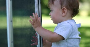 Bir yaşındaki bebek çevreyi keşfediyor, bebek havuz başında korunuyor.