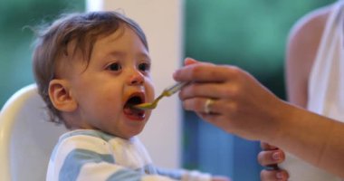 Mother feeding baby infant son toddler on highchair