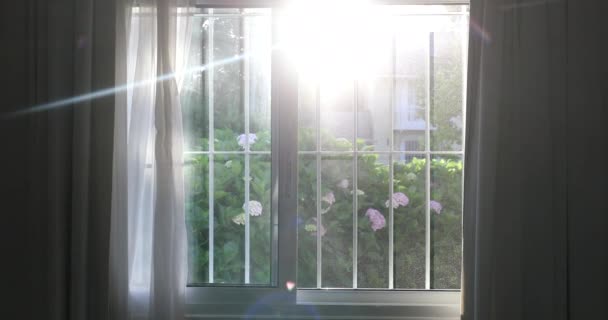 日落时分 阳光晶状体闪闪穿过卧室窗户 — 图库视频影像