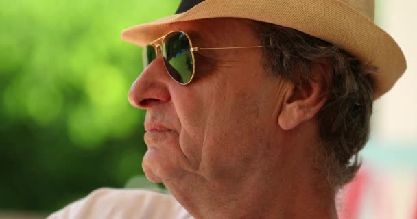 Pensive Older Man Wearing Sunglasses Hat Thoughtful Senior Person Thinking — 图库视频影像