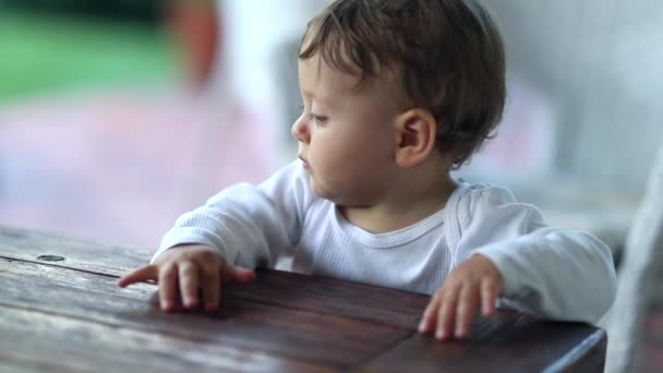 Bebé Adorable Bebé Sosteniendo Muebles Mesa Aprendiendo Pararse Año Edad — Vídeo de stock