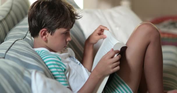 Candid Παιδί Αγόρι Ανάγνωση Βιβλίο Στο Σπίτι Καναπέ — Αρχείο Βίντεο