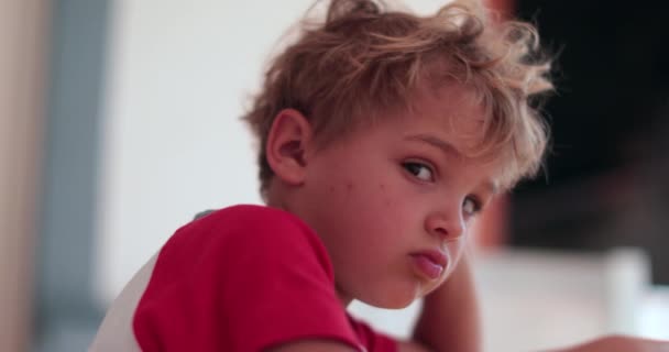 Kontemplativ Småbarn Ansikte Tänkande Uttråkad Pojke Förlorade Tanken — Stockvideo