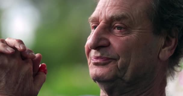 Happy Portrait Pensive Senior Man Face Outdoors — Video