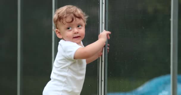 Симпатична Дитина Заблокована Захистом Паркану Безпеки Басейну Запобігання Потопленню — стокове відео