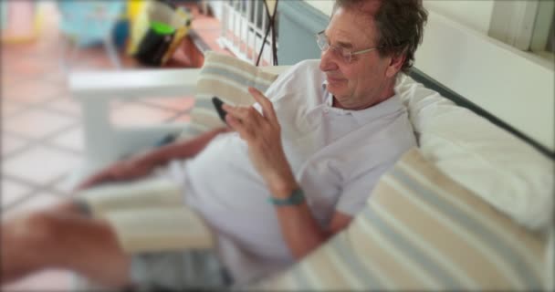 Older Retired Man Checking Cellphone Balcony — Vídeo de stock