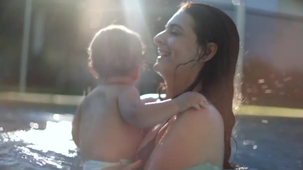 Authentic Real Life Mother Infant Baby Son Swimming Pool Together — Stock Video