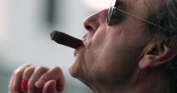 Older Man Enjoying Cigar Senior Man Smoking Cigar — 图库视频影像