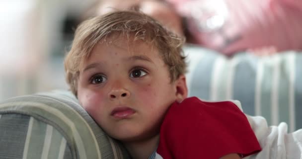 Dítě Sleduje Televizní Obrazovku Zatímco Leží Noci Gauči — Stock video