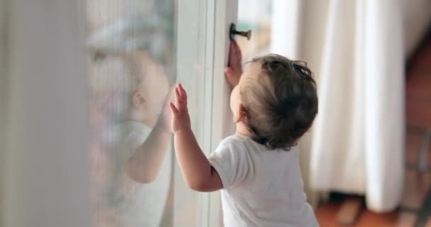 Bebê Parado Janela Querendo Sair Criança Infantil Bonito Inclinando Vidro — Vídeo de Stock