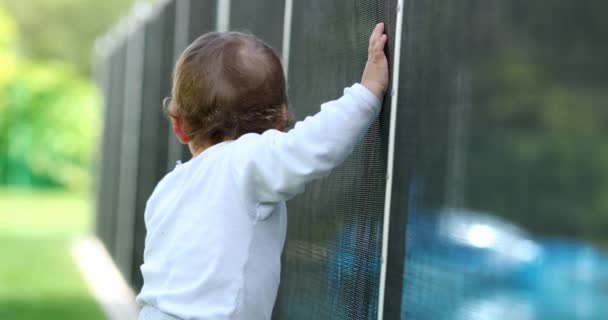 Bambino Tiene Recinzione Della Piscina Bambino Piedi Accanto Alla Protezione — Video Stock