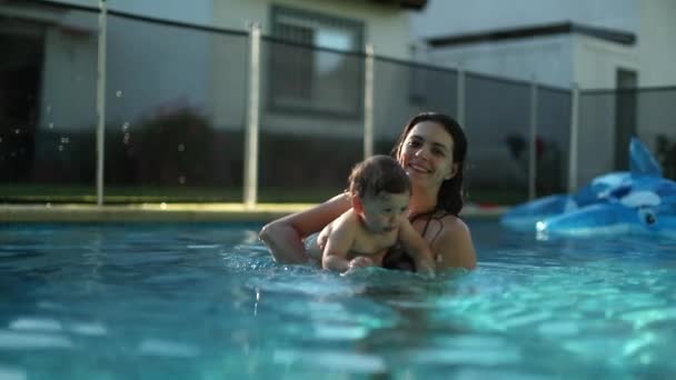 Mother Baby Together Bonding Swimming Pool Water Summer Holiday Vacations — Stock video