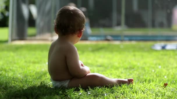 Copil Drăguț Așezat Iarbă Afară Timpul Zilei Vară Adorabil Copil — Videoclip de stoc
