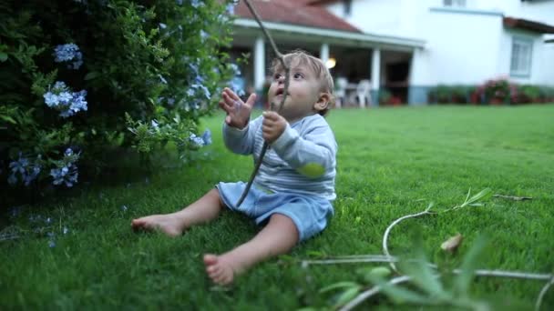 Baby Spielt Mit Ast Garten — Stockvideo