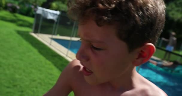 Angry Child Complaining Upset Young Boy Outdoors — Stock Video