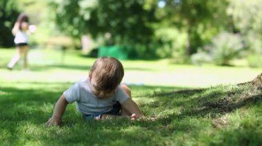 Doğada sürünen sevimli bir bebek. Çimenlerde top oynayan sevimli bir bebek.