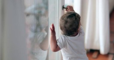 Baby toddler wanting to go outside holding window knob