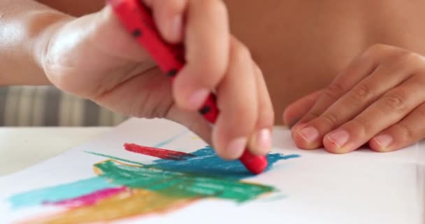 Closeup Child Hands Drawing Paper Crayon — Stock Video