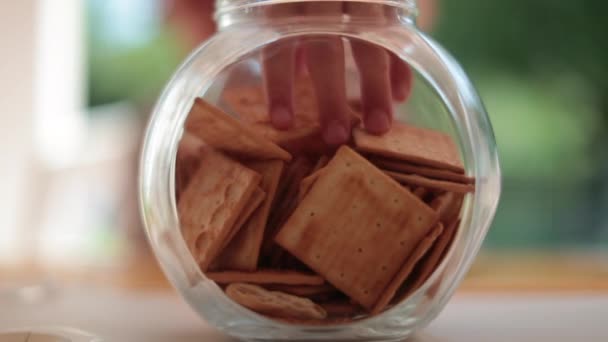 Crackers Jar Closeup Hand Picking Single Cracker — Stock Video