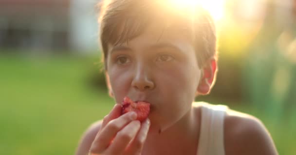 Criança Menino Petiscar Frutas Livre Durante Pôr Sol Hora Dourada — Vídeo de Stock