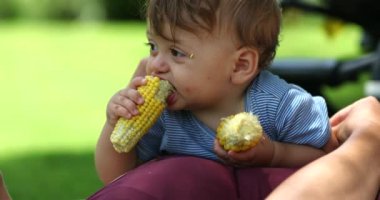 Tatlı bebek dışarıda sağlıklı mısır gevreğinden bir ısırık alıyor. Dışarıda çocuk maması yiyor.