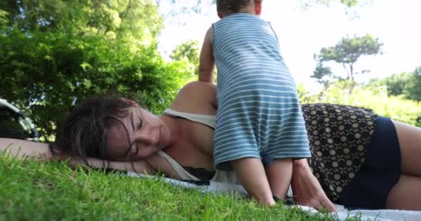 Mãe Dormir Relva Fora Exausto Pai Cansado Descansando Livre Bebê — Vídeo de Stock