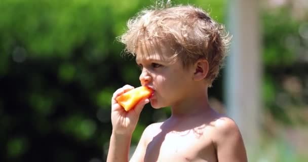 Criança Comendo Lanche Saudável Fruta Melão Amarelo Fora Natureza — Vídeo de Stock