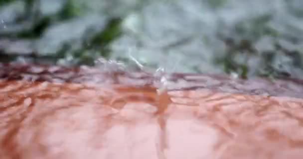 雨の日を注ぐ間に ゆっくりとした動き マクロな雨滴で地面に落ちる — ストック動画