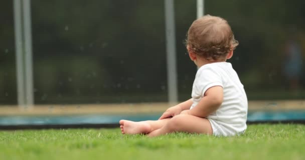 Baby Seated Garden Grass Outdoors Observing Backyard — стоковое видео