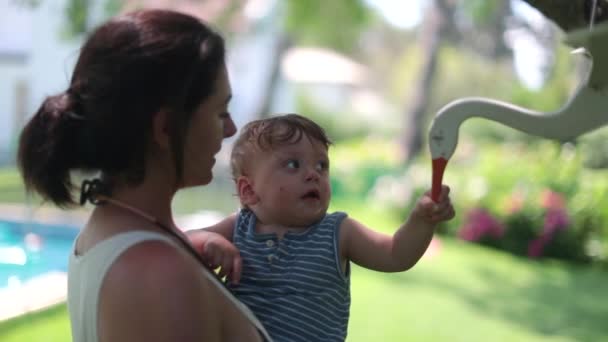 Madre Sosteniendo Bebé Afuera Jardín Niño Pequeño Tocando Objetos Aves — Vídeo de stock