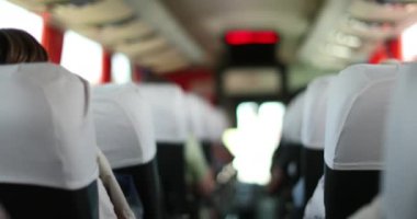 Back of a bus perspective. Passenger POV traveling by bus in Europe