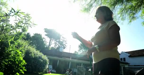 Relaxed Senior Lady Watering Plants Sunlight — Vídeo de stock